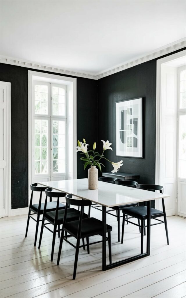 A rectangular dining table with a smooth white surface sits centered in a room, surrounded by six minimalist black dining chairs with slender, slightly angled backs. Each chair features a thin, dark metal frame and a cushioned seat upholstered in black fabric. Matte black walls cover the entire room, extending from floor to ceiling and reflecting the soft ambient light. A simple, cylindrical ceramic vase filled with three white lilies sits on a small side table against one wall, while a framed abstract print hangs on another wall, featuring geometric shapes in shades of gray.