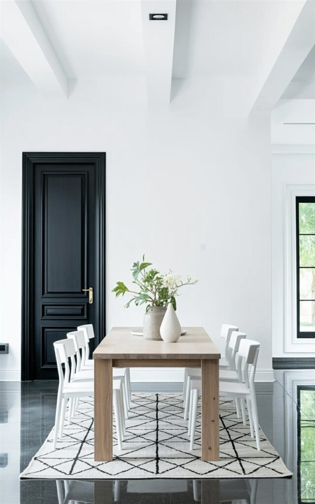 A solid black interior door stands prominently against a white wall, its surface smooth and unbroken. A rectangular dining table, crafted from light-colored wood, sits centered on a geometric patterned rug with a neutral color palette. Six minimalist white dining chairs are arranged around the table, their backs slightly angled outward. The room has a high ceiling and polished concrete flooring, with a single recessed light fixture casting illumination above the table.
