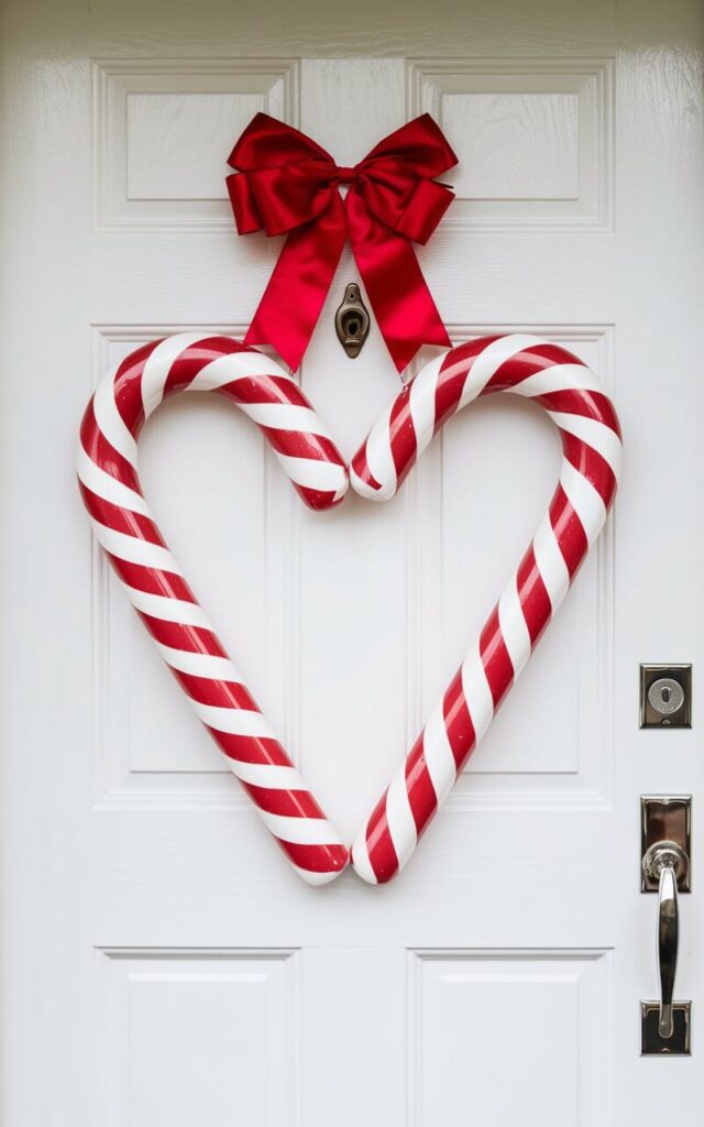 A photo of a bright white closed door with a heart-shaped Christmas door hanger made of two oversized candy canes. The door hanger is hanging from a red satin bow above the door handle and keyhole. The door hanger is well-decorated and radiates playful energy. The candy stripes—red and white—create a joyful pop of color while maintaining a clean, minimalist aesthetic. The overall display is cheerful, nostalgic, and beautifully balanced between whimsy and simplicity.