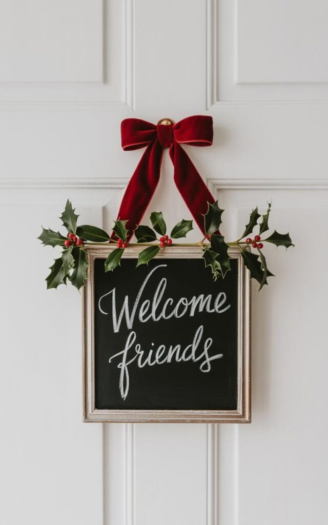 A photograph of an elegant Christmas door hanger featuring a vintage-style framed chalkboard mounted on a pristine white wooden door. The rectangular chalkboard displays handwritten white chalk text reading "Welcome Friends" in beautiful cursive lettering, surrounded by delicate sprigs of fresh holly with deep green leaves and bright red berries. A luxurious crimson velvet bow is perfectly tied at the top of the frame, creating a focal point that draws the eye upward. The minimalist design stands out against the clean white door, with soft natural lighting casting gentle shadows that emphasize the texture of the chalk writing and the organic curves of the holly leaves.