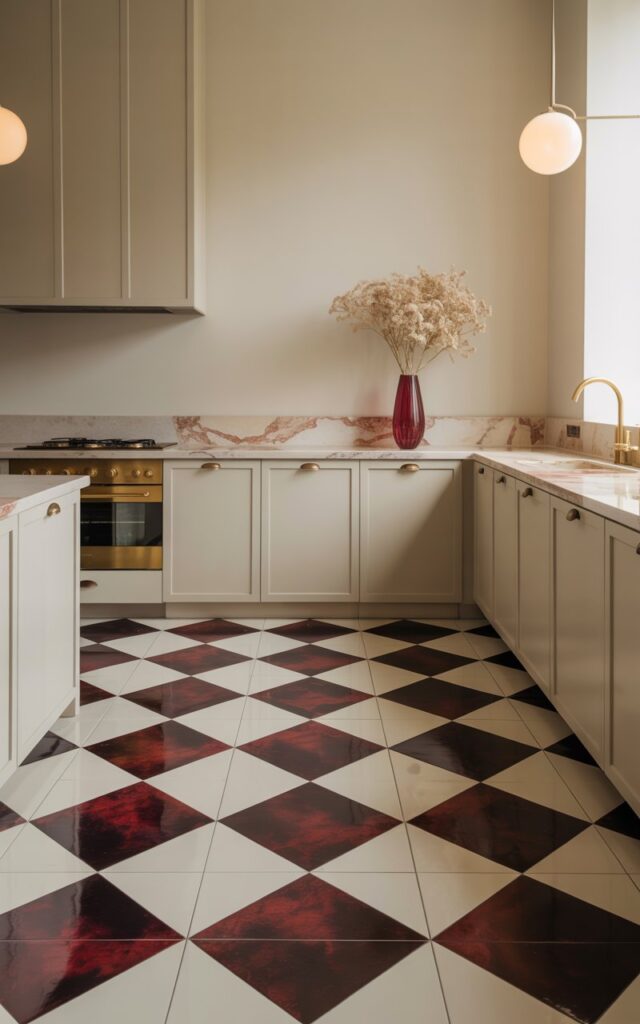 A photograph of an elegantly minimalist kitchen featuring a dramatic burgundy and cream checkered floor as its striking centerpiece. The deep burgundy squares display a rich, velvety texture that contrasts beautifully with the soft cream tiles, creating an sophisticated geometric pattern across the entire floor space. Clean-lined cabinetry in matte off-white allows the bold flooring to dominate visually, accented by sleek brass hardware that echoes the warm burgundy tones, while pale marble countertops with subtle rose-gold veining complement the floor's color palette. A slender burgundy vase filled with cream-colored flowers sits gracefully on the counter, while minimalist globe pendant lights cast a soft, warm glow throughout the space, with natural light from a side window enhancing the cream highlights and deepening the burgundy's richness.