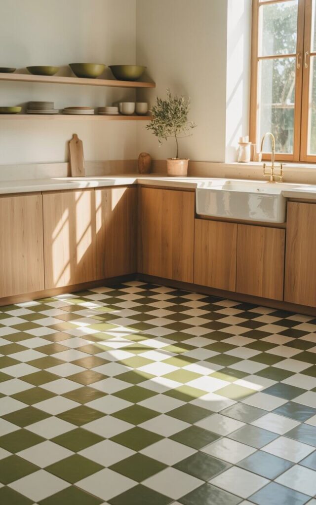 A photograph of a serene minimalist kitchen featuring a stunning olive green and white checkered floor that serves as the room's focal point. The matte olive tiles display soft organic undertones while crisp white squares create an uplifting geometric pattern, complemented by smooth natural oak cabinets with warm wood grain that harmonizes beautifully with the earthy floor tones. A white ceramic farmhouse sink sits beneath a large window, allowing golden sunlight to stream across the checkered surface and illuminate the space with natural warmth. Minimalist open shelves display carefully arranged olive-toned bowls and white plates, while pale quartz countertops and a small potted olive tree complete the thoughtfully curated space, creating a perfect balance of natural materials and restrained elegance.