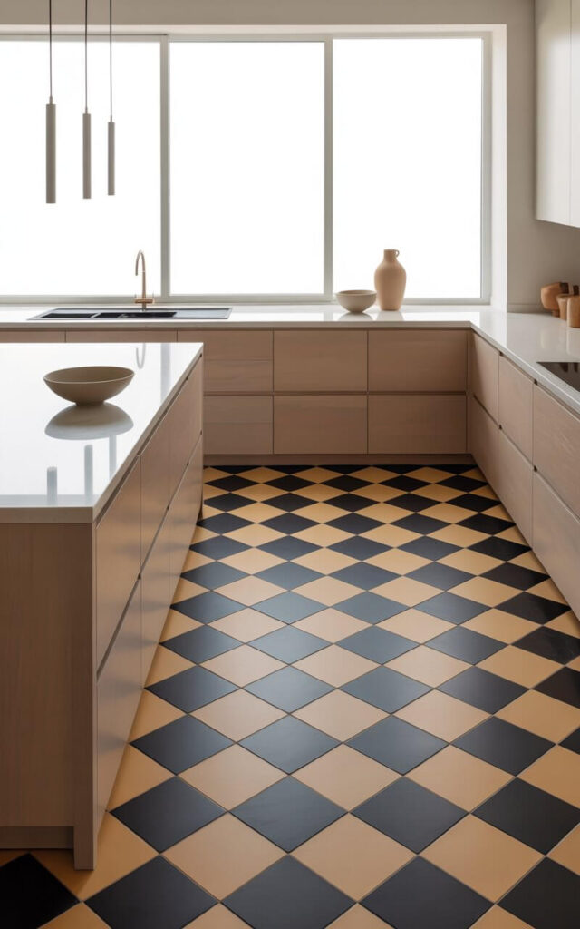 A photograph of a minimalist kitchen featuring a striking black and tan checkered floor with deep matte charcoal and soft desert-tan tiles arranged in a contemporary geometric pattern. The space showcases pale wood cabinetry with sleek, handle-less fronts and crisp white quartz countertops that reflect the floor's geometric design, while thin black pendant lights hang like elegant punctuation marks above. Minimalist ceramic bowls and a single tan ceramic vase are carefully placed on the counters, creating visual cohesion without cluttering the serene space. Natural light streams through a large window, intensifying the checkered contrast and bathing the entire kitchen in a warm, calming glow that highlights the perfect balance between contemporary design and timeless elegance.
