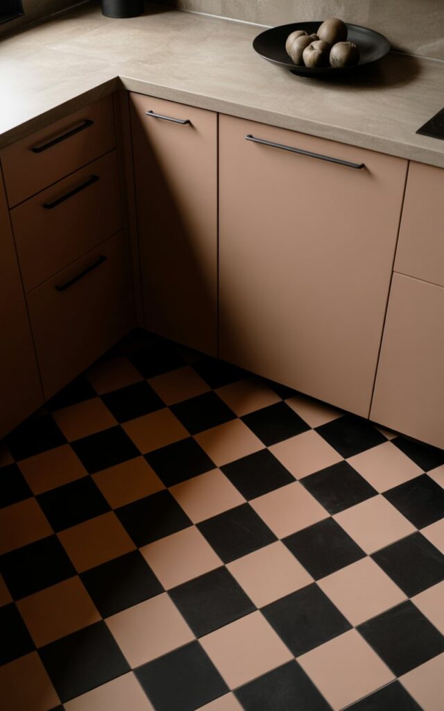 A photograph of an elegantly minimalist kitchen featuring a striking matte black and soft taupe checkered floor that creates dramatic geometric contrast. The smooth taupe lacquer cabinets complement the warm floor tiles, while sleek black hardware and fixtures echo the dark squares of the checkered pattern. Long minimalist black sconces frame the cooking area, casting gentle ambient light across stone-beige quartz countertops that soften the overall palette. In the corner, a simple black bowl holds taupe-colored fruit, completing the harmonious color story in this uncluttered space where refined textures and geometric precision define the sophisticated aesthetic.