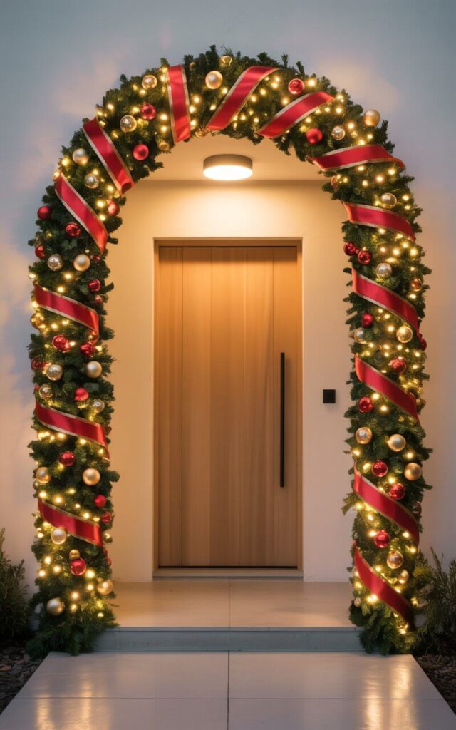 A very well decorated outdoor entrance features a magnificent Christmas archway wrapped in twinkling lights and thick garland. Red ribbons, gold ornaments, and soft white bulbs weave seamlessly through the greenery. Beneath the arch, a sleek wooden door glows warmly under a porch light. The minimalist setting—clean walls, subtle textures, and understated colors—lets the archway steal the spotlight. The composition feels celebratory yet balanced, turning the home’s entrance into a minimalist Christmas masterpiece of warmth and welcome. One black large vertical handle is on the door