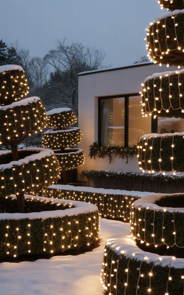 A photograph of an elegantly manicured outdoor garden transformed into a minimalist Christmas wonderland with delicate net lights cascading over every meticulously trimmed bush and hedge. The warm white LED lights create a soft, even glow that illuminates the geometric shapes of the topiary and hedgerows, casting gentle shadows on the pristine snow below. A modern minimalist house with clean lines serves as the backdrop, its large windows adorned with simple evergreen garland, while the architectural simplicity contrasts beautifully with the organic curves of the illuminated garden. The scene captures the serene magic of winter twilight, where the luminous garden creates perfect symmetry and harmony against the peaceful, snow-covered landscape.