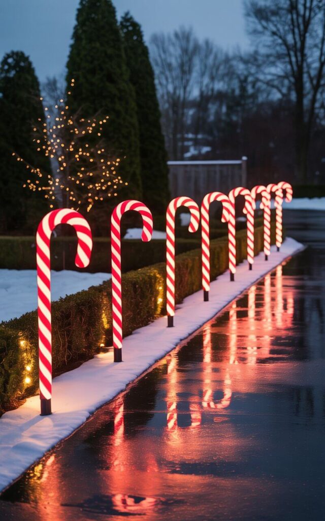 A very well decorated outdoor driveway gleams with rows of Christmas candy cane lights guiding the way. The red-and-white stripes glow warmly, casting a festive reflection on the wet pavement. Each stake is perfectly aligned, creating symmetry against the minimalist landscaping of evergreen hedges and a snowy backdrop. Subtle twinkle lights in nearby bushes add to the cohesion. The result is delightfully cheerful yet balanced—a minimalist Christmas path that’s as welcoming as it is enchanting.