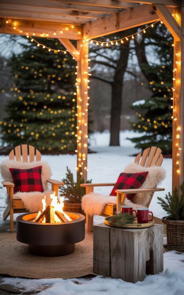 A photograph of an elegantly minimalist outdoor seating area that perfectly captures cozy Christmas charm through thoughtful simplicity. A small circular fire pit with dancing orange flames serves as the centerpiece, surrounded by natural wood Adirondack chairs adorned with cream-colored faux fur throws and red buffalo plaid cushions. Delicate strands of warm white fairy lights drape gracefully from a wooden pergola overhead, creating a gentle golden glow that mingles with the firelight. A weathered oak side table holds a wooden tray with steaming cocoa mugs and fresh pine sprigs, while the scene is framed by softly falling snow and evergreen trees in the peaceful winter twilight.