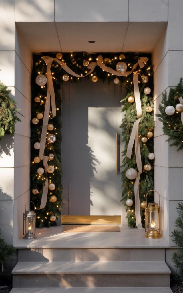 A photograph of an elegant minimalist home's front entrance adorned with sophisticated Christmas decorations that embody refined holiday grandeur. The sleek front door is framed by a luxurious thick evergreen garland interwoven with warm white twinkling lights, gleaming gold and silver baubles, and flowing cream-colored silk ribbons. Symmetrical matching wreaths flank the doorway on clean white walls, while vintage-style brass lanterns cast a soft golden glow across the entrance, creating gentle shadows on the neutral stone or concrete steps. The home's minimalist architecture features clean geometric lines, soft gray and white tones, and uncluttered surfaces that perfectly complement the rich forest-green garland and subtle metallic accents.