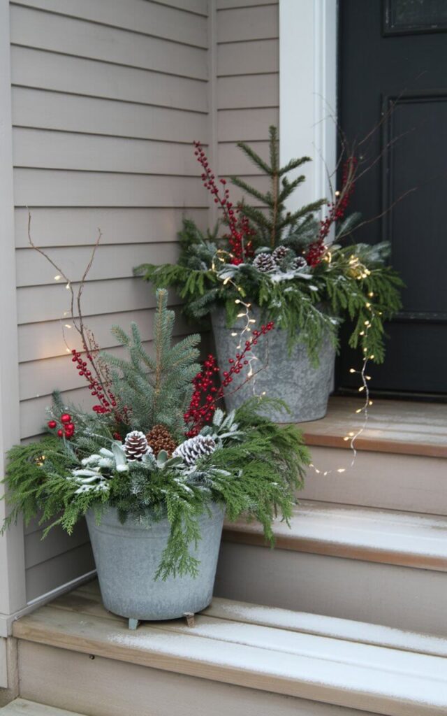 A pair of very well decorated outdoor planters stand elegantly by the front door, brimming with Christmas greenery. Evergreen branches, red berries, and pinecones burst from frosted pots, while warm fairy lights wind gently through the arrangement. The minimalist porch design—with pale wood steps and neutral tones—makes the lush colors pop. A soft layer of snow completes the look, balancing natural texture with simple sophistication. It’s the perfect example of minimalist Christmas décor—vibrant yet wonderfully restrained.