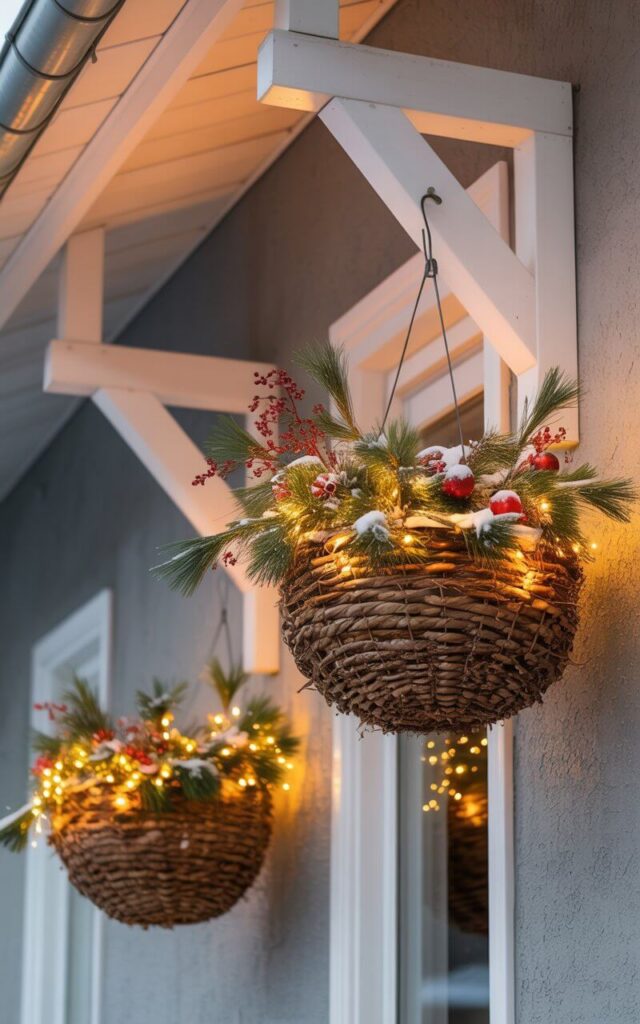 A very well decorated outdoor porch features stunning hanging baskets transformed into radiant Christmas displays. Each basket overflows with pine branches, red berries, and delicate ornaments, illuminated by small strands of warm fairy lights. The minimalist architecture—white walls, simple wooden beams, and uncluttered lines—enhances the baskets’ natural beauty. The soft glow spills downward, lighting the porch in golden warmth. Snow rests gently on the baskets’ edges, completing a minimalist Christmas composition that feels both rustic and refined, glowing with subtle holiday cheer.