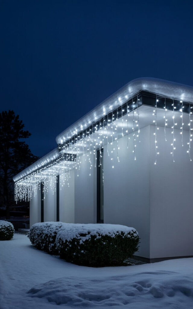 A photograph of a modern minimalist home at night, adorned with pristine white LED icicle lights that cascade in perfect symmetrical rows from the clean roofline. The pure white lights create delicate frozen drip patterns against the house's sleek architectural lines, casting a gentle shimmer across the snow-dusted eaves and manicured shrubs below. The home's simple geometric form and unadorned surfaces allow the elegant light display to take center stage, while a light blanket of fresh snow covers the landscaping and reflects the soft LED glow. The deep midnight sky provides a dramatic backdrop, emphasizing the serene beauty of this understated holiday illumination where the lights themselves become the sole festive decoration.