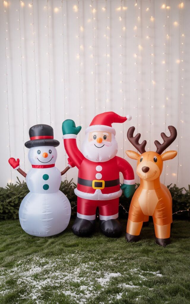A very well decorated outdoor lawn radiates playful charm with cheerful Christmas inflatables. A smiling snowman, waving Santa, and glowing reindeer stand proudly against a backdrop of subtle twinkle lights. Despite the whimsy, the arrangement remains minimalist—balanced, uncluttered, and thoughtfully placed. The grass is dusted with snow, and the inflatable figures cast soft, glowing shadows on the ground. The result is joyful and modern, embodying the essence of a minimalist Christmas celebration that doesn’t sacrifice fun for simplicity.
