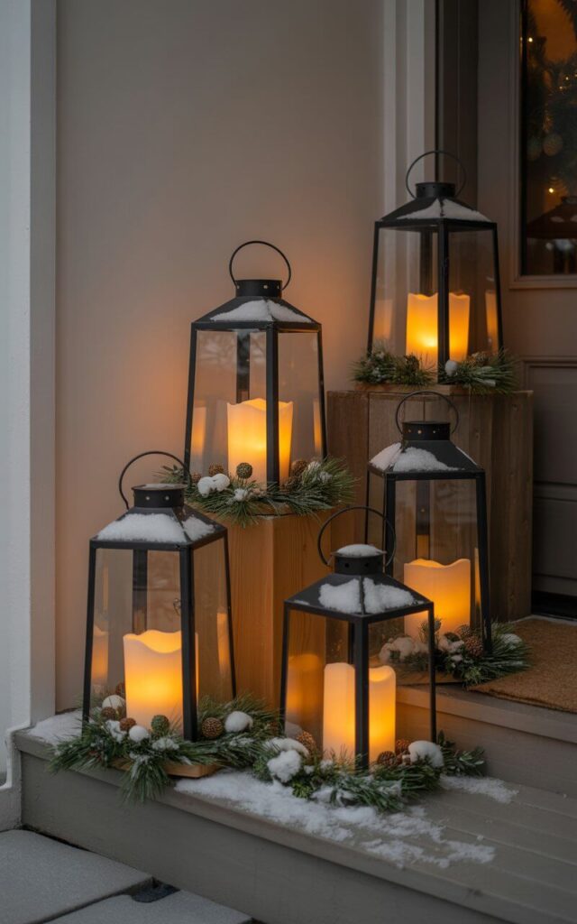 A very well decorated outdoor porch exudes warmth through an array of glowing Christmas lanterns. Arranged in clusters of varying heights, each lantern holds a flickering LED candle surrounded by faux snow and pine sprigs. The minimalist backdrop—neutral tones, wooden textures, and a simple door—enhances the cozy glow. A few stray snowflakes rest on the lantern tops, capturing the quiet beauty of the season. The ambiance is pure minimalist Christmas serenity—calm, glowing, and deeply comforting.