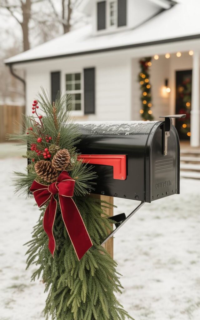 A very well decorated outdoor mailbox becomes the centerpiece of minimalist Christmas curb appeal. Wrapped in fresh evergreen garland, it’s adorned with pinecones, crimson berries, and a large velvet bow. A dusting of snow lightly frosts the greenery, while a subtle glow from nearby string lights enhances the scene. The minimalist home in the background remains understated, allowing the festive mailbox to shine as the perfect detail. Every element feels clean, natural, and intentionally balanced—capturing the essence of a refined, minimalist Christmas display.