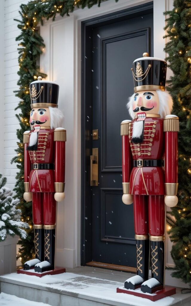 A photograph of two majestic life-size nutcrackers standing sentinel at an elegantly decorated doorway, their glossy red uniforms adorned with intricate gold braiding and brass buttons that catch the warm Christmas lighting. The nutcrackers feature traditional painted faces with rosy cheeks and stern expressions, their tall black hats crowned with golden tassels, positioned symmetrically on either side of a sleek charcoal-black front door. The minimalist porch is tastefully adorned with understated evergreen garland draped along clean lines, while soft golden string lights create a gentle glow that illuminates the falling snowflakes. Fresh snow dusts the steps and porch railings, creating a serene winter scene that balances traditional Christmas charm with sophisticated modern design.