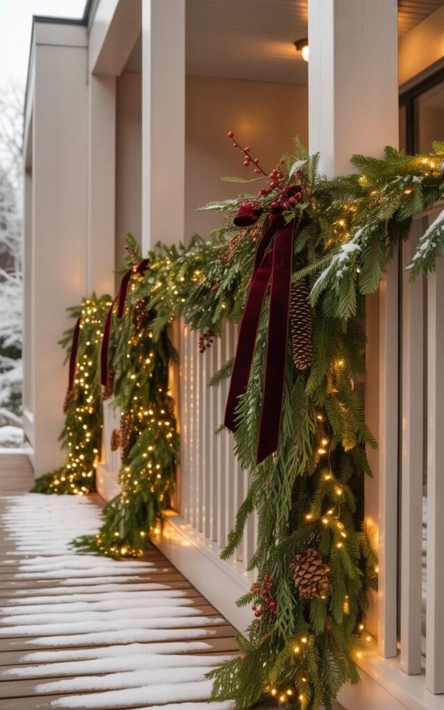 A photograph of an elegantly decorated outdoor porch bathed in warm, golden light from twinkling fairy lights woven through lush Christmas garlands. The evergreen garlands wrap gracefully around white wooden railings and columns, adorned with deep burgundy velvet ribbons, natural pinecones, and delicate sprigs of holly berries. The home's minimalist architecture features clean lines, a neutral cream and white color palette, and smooth textures that create a sophisticated backdrop for the festive greenery. A light dusting of pristine snow covers the wooden porch floor, reflecting the soft glow of the lights and creating a serene winter atmosphere that perfectly balances natural beauty with understated holiday elegance.