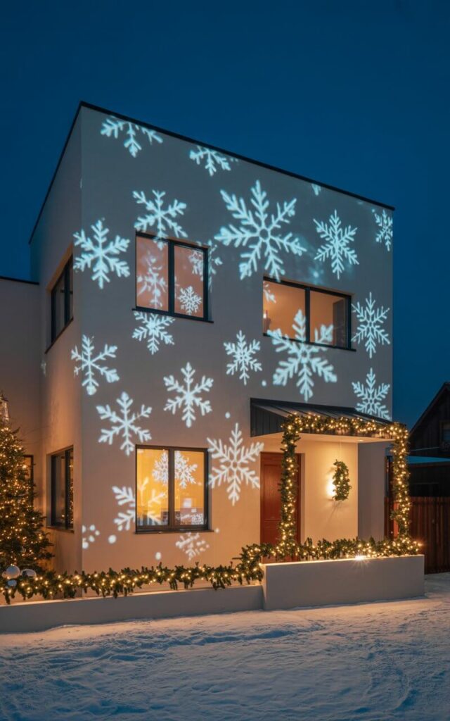 A very well decorated outdoor façade glows with an enchanting Christmas projector display casting shimmering snowflakes across the walls. The minimalist home, painted in soft stone-gray, serves as the perfect backdrop for the moving lights that dance gently across its surface. Subtle garlands line the porch, while the rest of the décor remains clean and understated, allowing the light show to take center stage. The scene feels dynamic yet elegant, capturing the spirit of a minimalist Christmas through technology and artistic illumination that mesmerizes from every angle.