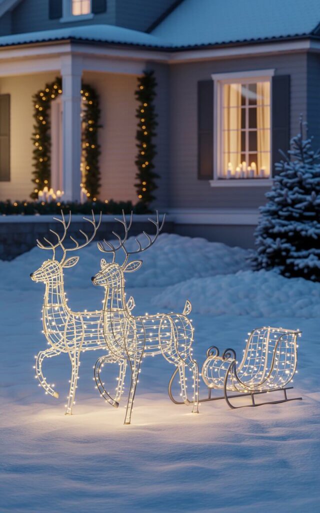 A photograph of an elegantly decorated front yard featuring two luminous wireframe reindeer sculptures positioned mid-stride on pristine snow-covered grass. The reindeer are crafted from delicate metal framework and adorned with warm white LED lights that create a soft, magical glow against the winter evening. A sleek, minimalist sleigh sits nearby, also outlined in gentle lighting, while the background reveals a tastefully restrained home with simple evergreen garlands draped along the porch and warm candlelight flickering in the windows. The entire scene radiates refined holiday elegance with clean lines and understated beauty, captured in the soft twilight hour when the lights appear most enchanting.