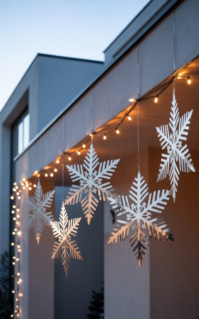 A photograph of large metallic snowflakes suspended from the eaves of a minimalist home's outdoor porch, each one catching and reflecting the warm glow of nearby Christmas string lights. The snowflakes feature intricate cut-out patterns and polished surfaces that shimmer and dance as they sway gently in the evening breeze, creating prismatic reflections across their geometric forms. The house's clean architectural lines—smooth stucco walls in soft gray tones, sharp geometric edges, and unadorned surfaces—provide a serene backdrop that emphasizes the delicate ornaments. Tiny warm white string lights are artfully woven around the porch structure, casting a soft golden illumination that highlights each snowflake's detailed craftsmanship and creates an elegant, weightless atmosphere against the dusky winter sky.