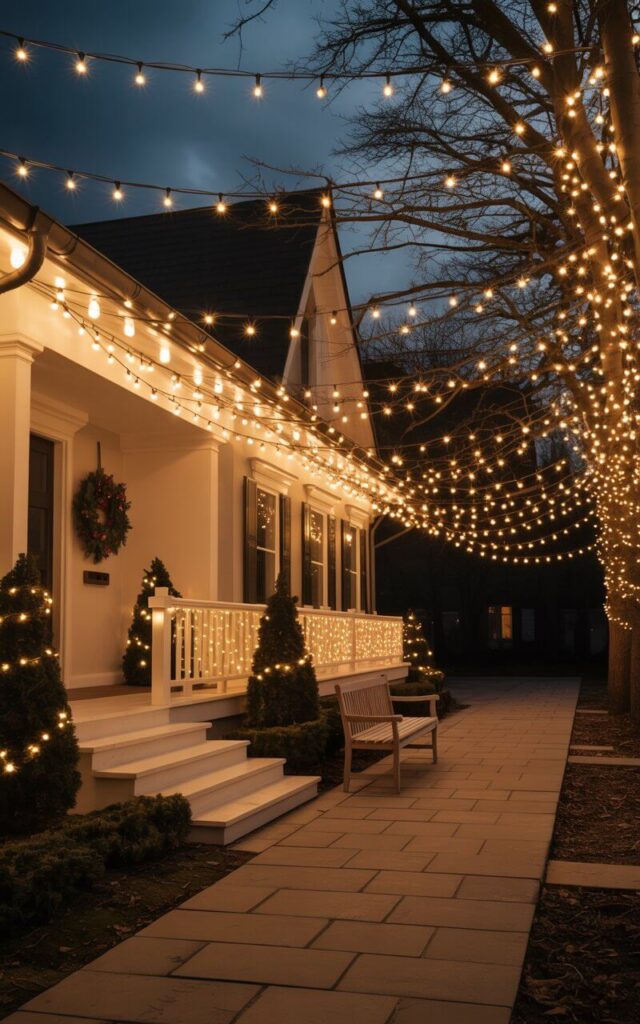 A nighttime photograph of an elegantly decorated minimalist home exterior glowing under thousands of warm golden Christmas string lights. Delicate strands of softly twinkling bulbs gracefully drape across the clean rooflines, wrap around porch railings, and cascade through bare tree branches, casting a magical honey-colored radiance against the dark sky. The stone pathway reflects the gentle light, leading to a simple wooden bench flanked by neatly trimmed evergreen shrubs and a classic wreath adorning the front door. The scene captures a perfect balance of festive celebration and serene sophistication, with the warm glow creating intimate pools of light that fade softly into the peaceful winter darkness.