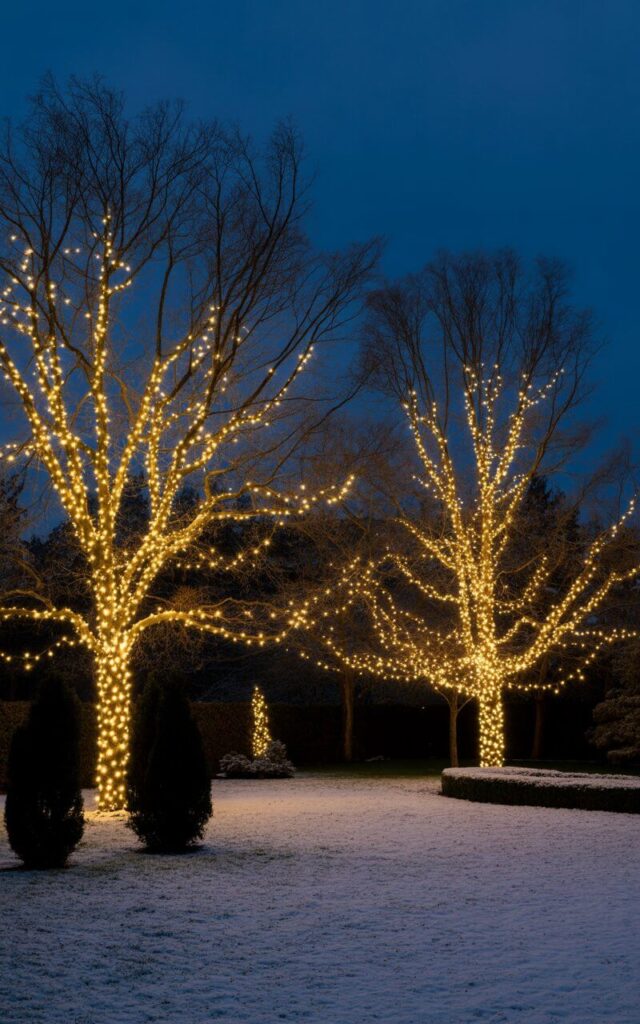 A nighttime photograph of an elegant outdoor yard transformed into a minimalist Christmas wonderland, where towering trees are completely wrapped in "blankets" of warm white Christmas lights from trunk to tip. Each branch glows brilliantly against the deep indigo night sky, creating an ethereal canopy of light that illuminates the carefully curated landscape below. The minimalist design features sparse evergreen shrubs and a wide open lawn area, allowing the radiant trees to command attention as the focal point. A light dusting of snow covers the ground, catching and reflecting the warm glow like countless tiny stars, creating a serene and mesmerizing atmosphere that feels both expansive and intimately magical.