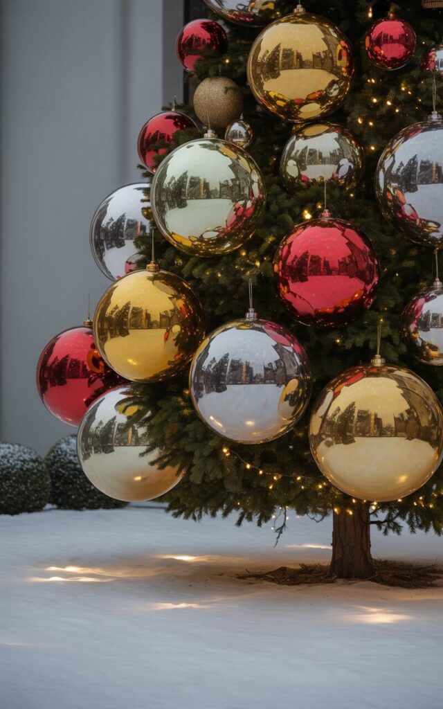 A photograph of an elegantly decorated outdoor evergreen tree adorned with oversized Christmas ornaments in polished gold, deep crimson, and mirror-finish silver. The large spherical ornaments catch and reflect the warm glow of delicate fairy lights woven throughout the branches, creating brilliant highlights and subtle reflections on their lustrous surfaces. The tree stands majestically in a pristine snow-covered yard, where strategic landscape lighting casts gentle pools of illumination across the white ground. The minimalist winter setting allows the ornaments to take center stage, their jewel-like quality creating a sophisticated holiday display that balances luxury with understated elegance.