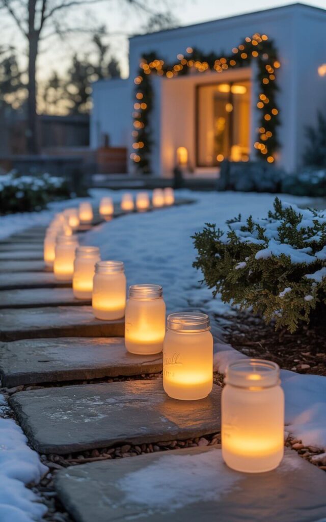 A serene winter evening photograph showcasing a beautifully curated stone walkway lined with frosted glass mason jars, each containing a softly flickering LED candle that casts warm golden pools of light across the path. The luminaries create a gentle rhythm along the weathered stone pavers, their amber glow contrasting beautifully with the cool blue tones of twilight and the light dusting of fresh snow. In the background, a modern minimalist home sits quietly with warm honey-colored light spilling from its large windows and delicate evergreen garlands draped along the roofline, while carefully pruned juniper bushes frame the scene. The composition embodies understated holiday elegance, with soft natural lighting that creates a peaceful, contemplative atmosphere perfect for a quiet winter evening stroll.