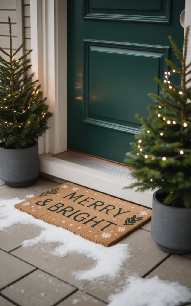 A photograph of a minimalist Christmas entrance featuring a cheerful welcome mat positioned at the threshold of a deep forest green door. The festive mat displays "Merry & Bright" in elegant lettering, flanked by two matching charcoal planters containing perfectly manicured miniature evergreens adorned with delicate warm white twinkling lights. A light dusting of pristine snow covers the clean-lined porch floor, while soft ambient lighting creates gentle shadows and highlights the understated elegance of the seasonal décor. The overall composition emphasizes clean geometric lines and muted earth tones, creating a warm yet sophisticated holiday welcome that balances festive cheer with modern minimalist design.