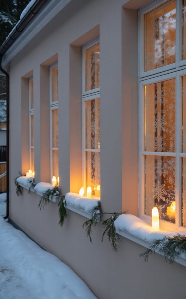 A photograph of an elegant minimalist house exterior showcasing understated Christmas decorations through the gentle glow of window candles. Each window frame displays a single warm LED candle casting golden light against frosted glass panes, creating a serene pattern of illumination across the soft neutral-painted façade. Delicate evergreen garland traces along the windowsills, while fresh snow accumulates gently on each ledge, reflecting the candlelight on the icy surfaces. The scene captures a timeless winter evening atmosphere with soft natural lighting that emphasizes the graceful simplicity and tranquil holiday charm of this minimalist approach to Christmas decoration.