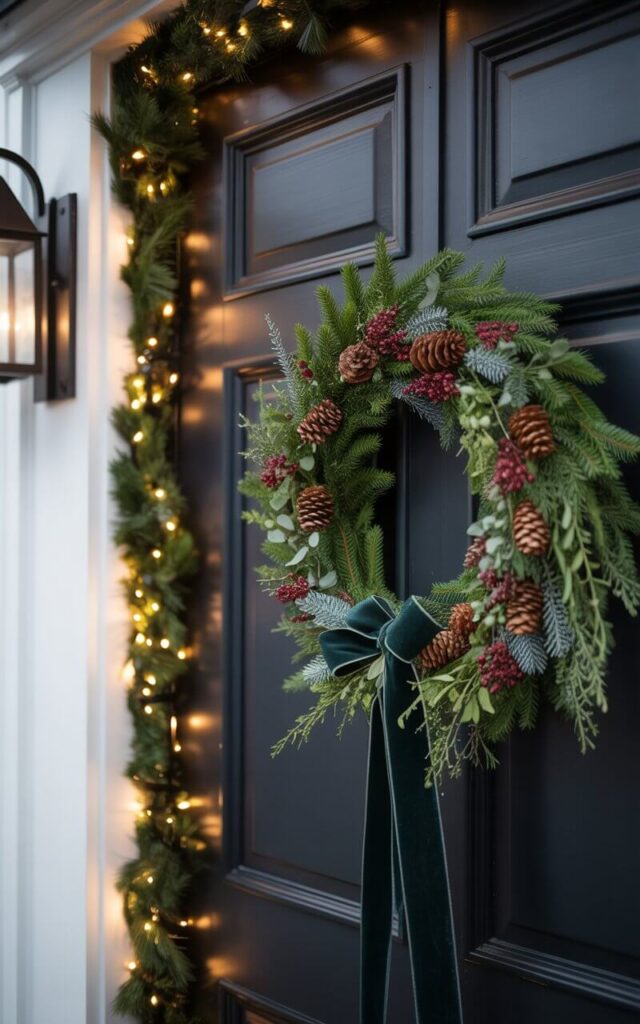 A close-up photograph of an elegantly decorated matte black front door adorned with a lush Christmas wreath made from fresh evergreen branches, natural pinecones, and clusters of deep burgundy berries. The wreath is perfectly centered and tied with a rich velvet ribbon in deep forest green, while delicate twinkling fairy lights are woven through garlands that frame the doorway. Two black iron lantern sconces cast a warm, subtle glow on either side of the door, illuminating the pristine white or cream-colored porch columns and creating gentle shadows that enhance the wreath's texture. The minimalist design emphasizes clean lines and a refined color palette of blacks, greens, and warm whites, creating an inviting and sophisticated Christmas entrance.