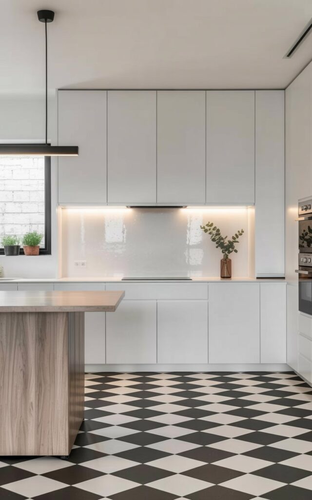 A minimalist kitchen features a black-and-white checkered floor with sharply defined tiles arranged in a symmetrical pattern. Pure white cabinetry with handleless doors lines the walls, accented by soft under-cabinet lighting reflecting on a glossy white backsplash. A slender black pendant light hangs above a simple wooden island with smooth edges, while stainless steel appliances are integrated seamlessly into the design. A single vase containing a sprig of eucalyptus sits on the countertop near a window overlooking a small herb garden.