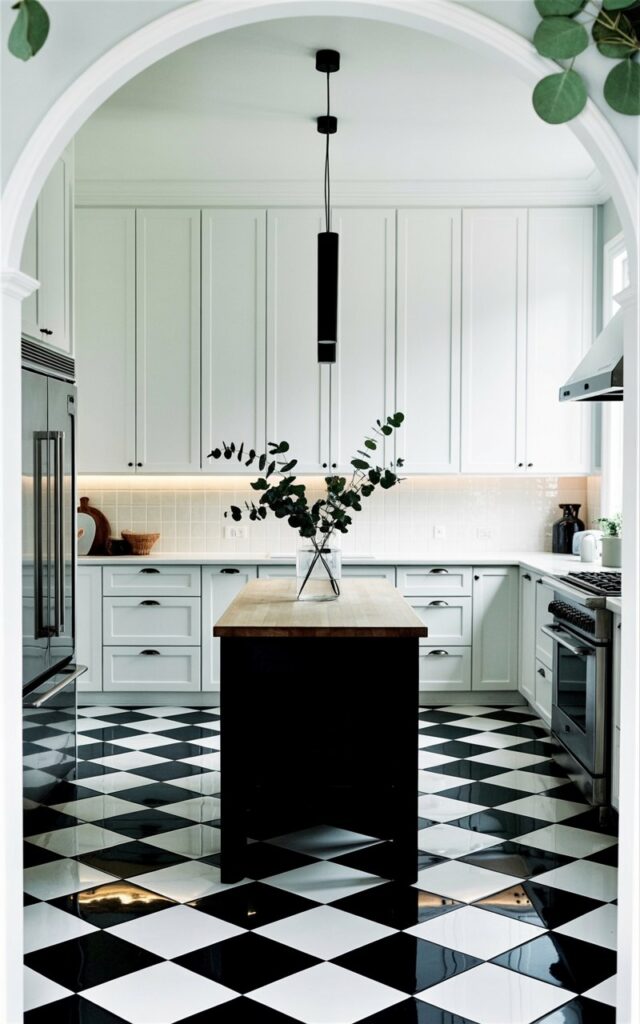 The kitchen features a black-and-white checkered floor with precisely aligned square tiles, each tile reflecting light with a subtle sheen. Pure white, handleless cabinetry lines the walls, with soft LED lighting illuminating the glossy white backsplash above. A narrow wooden island sits in the center of the room, topped with a simple countertop, and a single vase holding several stems of eucalyptus greenery rests on the countertop. Stainless steel appliances, including a refrigerator and oven, are integrated into the cabinetry, and a black pendant light with a cylindrical shade hangs directly above the island.