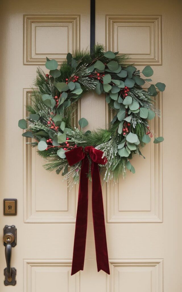 A Christmas door hanger featuring a lush, very well decorated door hanger crafted from pine, eucalyptus, and frosted berries hangs gracefully on a closed door painted a soft, neutral cream. The circular wreath is tied with a deep red velvet ribbon that drapes elegantly over the door handle and keyhole, adding warmth and sophistication. Small golden ornaments peek through the greenery, catching the light just enough to shimmer. The overall look is minimalist, yet festive—balancing simplicity with timeless Christmas beauty, perfect for a stylish home entrance.