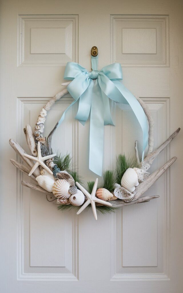 A seaside-inspired Christmas door hanger transforms a simple closed door into a coastal holiday retreat. The very well decorated door hanger features seashells, starfish, and driftwood intertwined with pale blue ribbon and soft white accents. With its minimalist composition, this design brings breezy tranquility to the holiday season, merging beach serenity with Christmas warmth.
