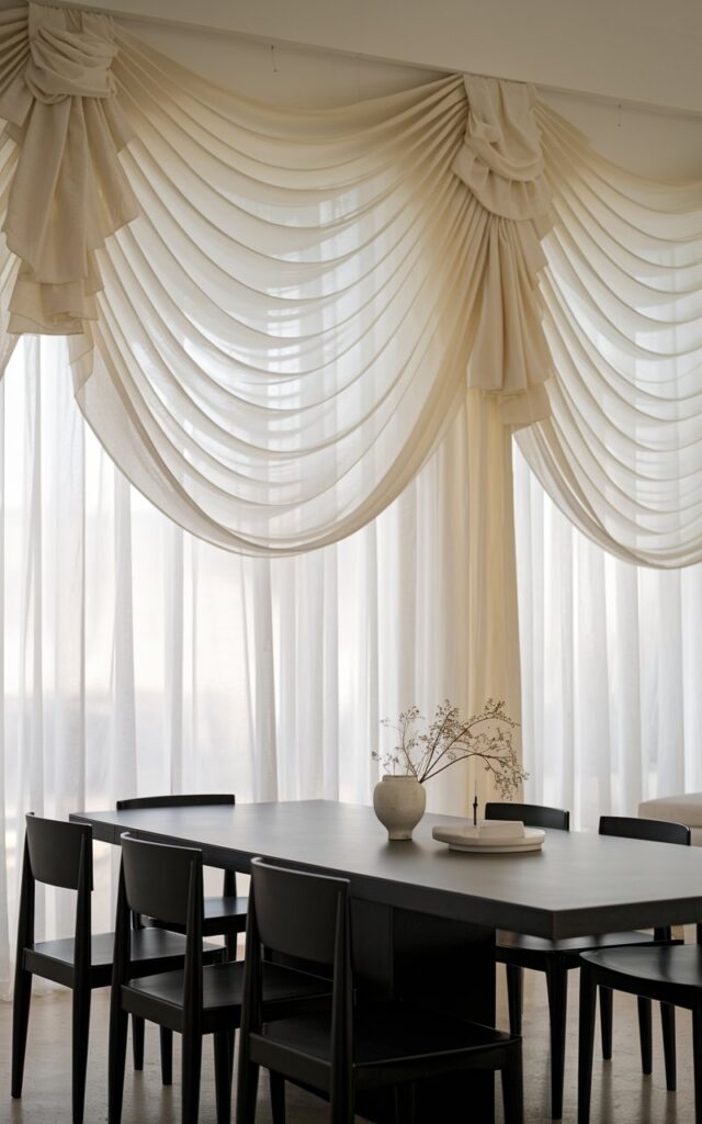 A serene black and white dining room with a modern plain table and minimalist black dining chairs. The room has a well-elegant soft white window curtain drapery that flows elegantly from the ceiling to the floor. The window curtain adds movement and effortless sophistication to the space. The overall scene feels calm, open, and warmly welcoming.