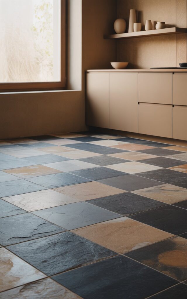 A photograph of a minimalist kitchen interior featuring a striking slate-gray and sandstone checkered floor with soft, stone-like textures. The geometric pattern creates subtle visual movement across the space while maintaining an earthy, grounded elegance that contrasts beautifully with the smooth matte cabinetry in warm beige tones. A large window bathes the room in soft natural light, casting gentle shadows that emphasize the organic textures of the stone tiles and illuminate the clean lines of the kitchen design. A single floating wooden shelf displays a curated selection of neutral ceramics, while the overall composition exudes calm sophistication and perfect balance between natural materials and contemporary minimalism.