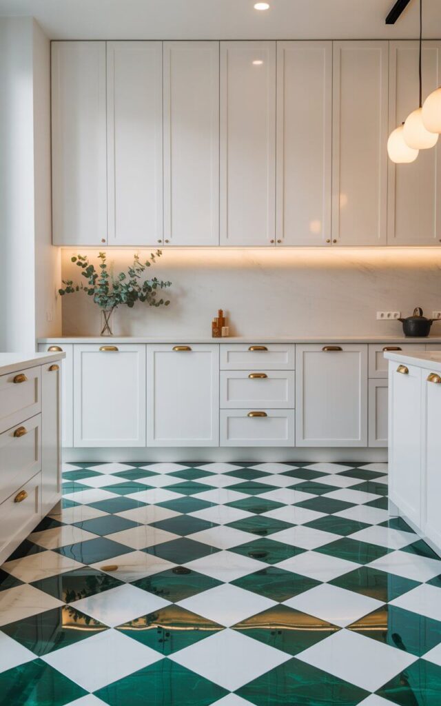 A photograph of an elegant minimalist kitchen featuring a stunning emerald-green-and-white checkered floor that commands attention with its jewel-like richness and geometric precision. Clean white cabinetry lines the walls with sleek gold hardware that catches the light, while a slim marble backsplash provides subtle texture and sophistication. The kitchen island displays a small arrangement of fresh eucalyptus branches in a simple vase, echoing the emerald tones of the floor. Soft pendant lights hang above, casting a warm golden glow that enhances the vibrant checkerboard pattern and creates an atmosphere of refined luxury.
