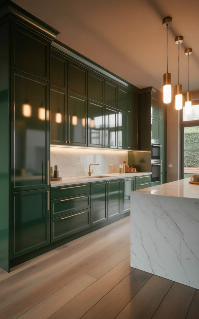 Emerald green lacquered cabinets with a high-gloss finish dominate the kitchen, reflecting light and showcasing clean lines. Sleek gold hardware accents the cabinet doors, while seamlessly integrated stainless steel appliances are positioned within the cabinetry. A crisp white marble countertop extends across the island, supported by a matching marble base, and a trio of cylindrical pendant lights with brushed brass fixtures hang above it. Warm light oak flooring stretches across the entire space, complementing the vibrant cabinetry and reflecting the ambient light from a large window overlooking a manicured garden.