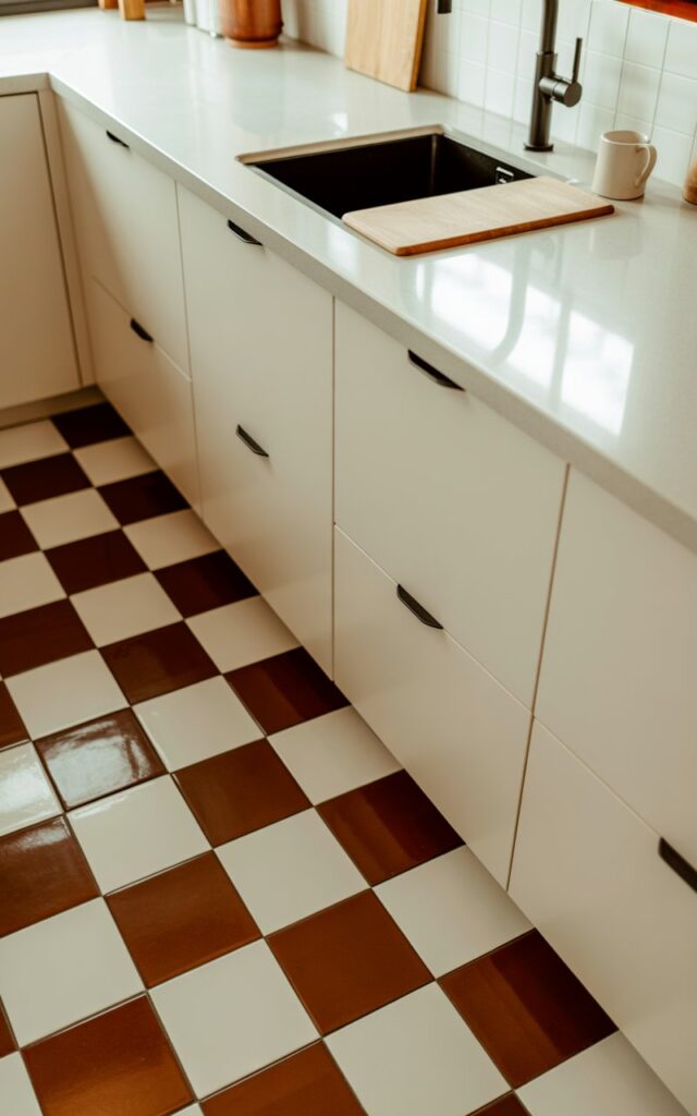 A photograph of a minimalist kitchen featuring crisp white-and-espresso checkered floor tiles that create a clean yet cozy geometric pattern. The rich espresso tiles provide warm contrast against pristine white cabinetry with sleek, handle-less doors, while a luminous creamy quartz countertop reflects soft natural light throughout the space. Matte black fixtures including a modern faucet and cabinet hardware add contemporary definition and visual anchoring points. A small wooden cutting board and white ceramic mug are thoughtfully positioned near the sink, adding subtle lived-in touches that maintain the space's welcoming minimalist aesthetic.