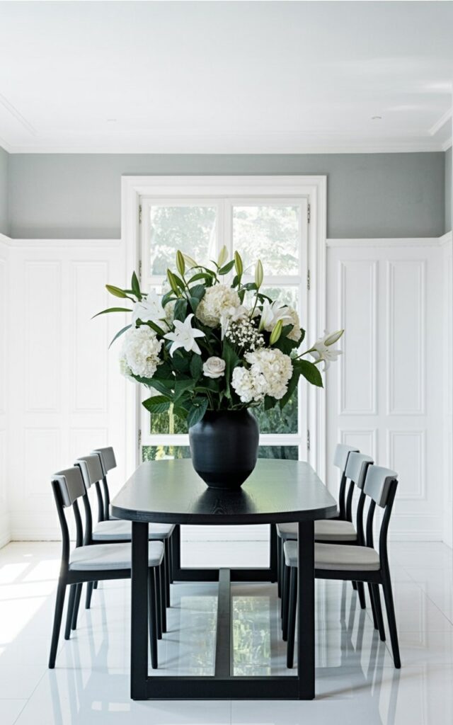 A black dining table sits centered within a room, surrounded by six simple, light-gray dining chairs with straight backs. A large black ceramic vase filled with white hydrangeas, lilies, and roses sits on the table's surface, their petals displaying subtle variations in texture and form. Natural light streams through a large window behind the table, illuminating the flowers and casting soft shadows across the polished floor. The room features white wainscoting on the lower half of the walls and a pale gray color above, complemented by a simple, dark-gray patterned rug underneath the table.