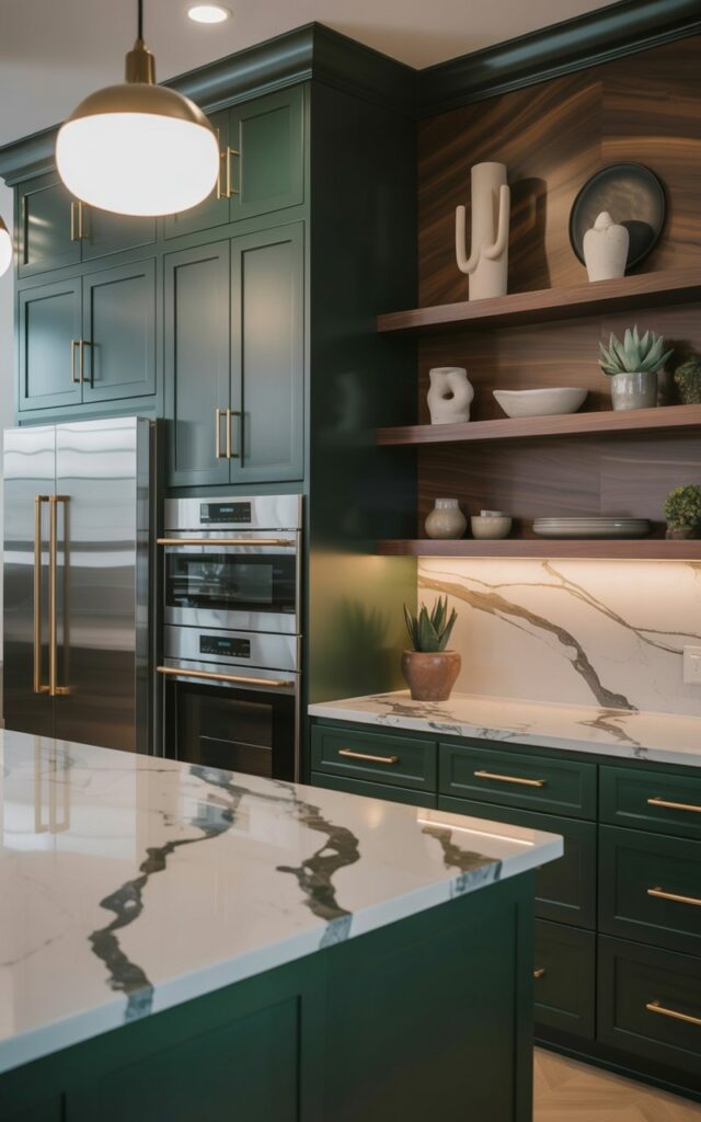A kitchen features dark forest green cabinetry with a matte finish and brass hardware. The countertops and a large island are topped with white marble slabs displaying charcoal gray veining patterns. Integrated stainless steel appliances, including a refrigerator and oven, are seamlessly incorporated into the cabinetry. Walnut open shelves on one wall display handmade ceramic pottery, sculptural bowls, and potted succulents while pendant lights with opal glass shades hang above the island.