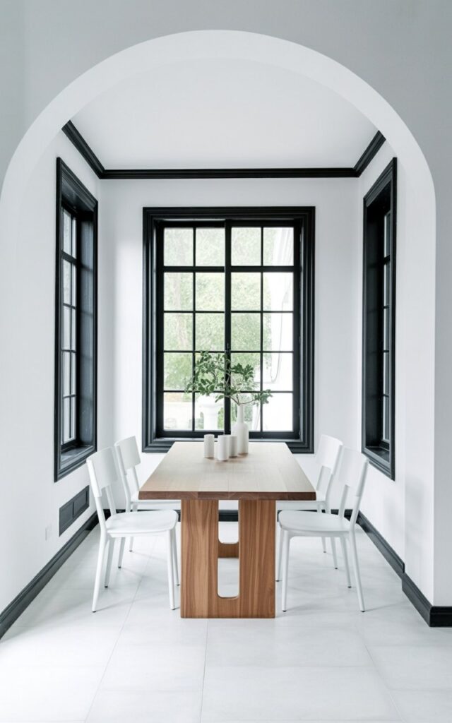 A dining room features a rectangular wooden table with four white, minimalist chairs positioned around it. The table is bare, with a simple geometric pattern visible on its surface. Large black window frames define the room's architecture, contrasting with the bright white walls and allowing natural light to flood the space. The room is sparsely decorated, with subtle black trim accents appearing along the baseboards and window sills, creating a monochrome aesthetic.