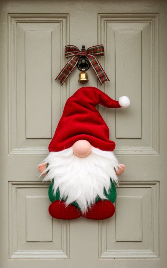 A cheerful Christmas door hanger shaped like a bearded gnome decorates a soft gray closed door with a playful twist. The very well decorated door hanger features a fuzzy white beard, a red felt hat tipped with a jingle bell, and a small plaid bow near the door handle and keyhole. The minimalist background lets the quirky little gnome steal the spotlight, spreading joy and whimsy in the most charmingly unexpected way.