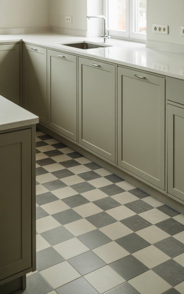A photograph of a minimalist kitchen featuring soft gray cabinetry with clean flat-panel doors and pristine white quartz countertops that stretch seamlessly across the space. The floor showcases an understated gray-and-white checkered pattern with a matte finish, creating gentle geometric rhythm beneath the serene color palette. Subtle chrome accents including a sleek faucet and low-profile cabinet pulls catch the natural light streaming through a nearby window, while the intentionally sparse décor emphasizes the room's tranquil, uncluttered aesthetic. The overall atmosphere is one of refined simplicity, where every element contributes to a harmonious and sophisticated modern design.