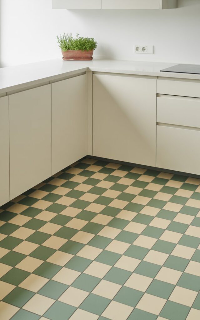 A photograph of a pristine minimalist kitchen featuring a striking soft sage green and cream checkered floor pattern that creates a sophisticated retro focal point. The muted vintage-inspired green tiles alternate perfectly with cream squares, complemented by sleek white cabinetry with clean lines and brushed silver hardware. Uncluttered white countertops and walls create abundant negative space, allowing the geometric floor pattern to command attention while maintaining the room's serene atmosphere. A single potted herb plant sits gracefully on the counter, adding a touch of fresh greenery that enhances the space's organic charm without disrupting its crisp, contemporary minimalism.