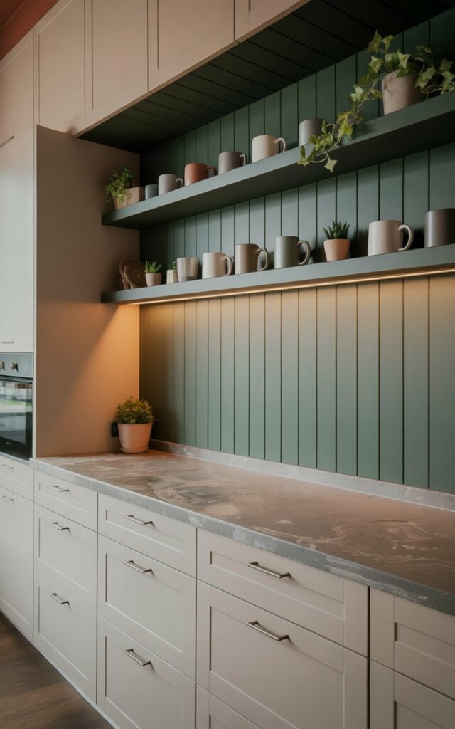 A kitchen features a wall painted in varying shades of pine green, creating a focal point behind white cabinetry and light stone countertops. Open shelves display a collection of ceramic mugs in white, gray, and beige tones, alongside small potted succulents and trailing ivy. The white cabinetry includes stainless steel handles and extends to the ceiling, while the stone countertops are a mottled gray with visible quartz crystals. Overhead recessed lighting casts a warm glow on the scene, illuminating the clean lines of the kitchen and the textures of the natural materials while the remaining walls are painted a crisp white.