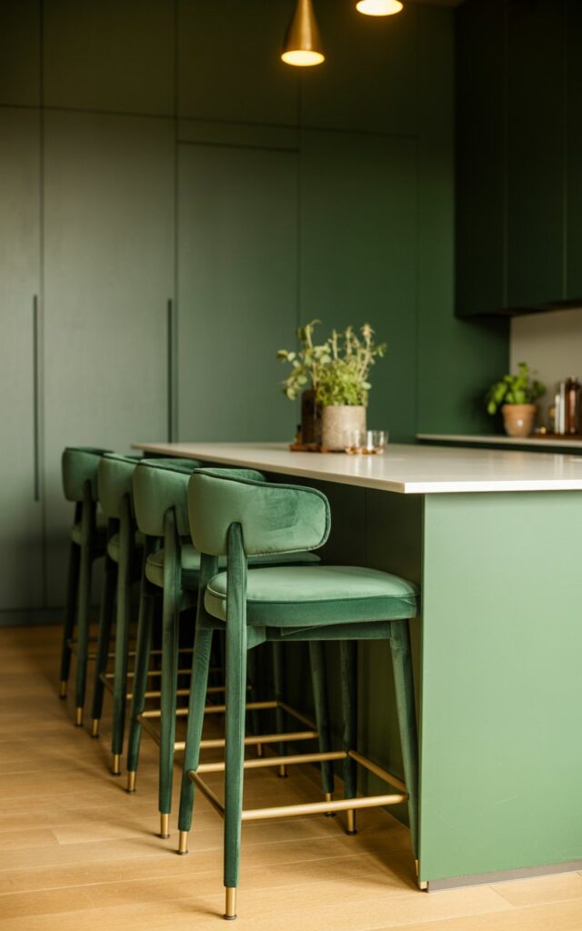 A sophisticated interior photograph of a modern green kitchen where emerald and sage velvet bar stools serve as the striking focal point around a pristine white waterfall-edge island. The luxurious bar stools feature rich green velvet upholstery with elegant brass footrests, positioned beneath warm pendant lights that cast a golden glow across the seating area. Sleek white cabinetry lines the walls in a minimalist design, while carefully placed potted plants and herbs add subtle touches of natural greenery without cluttering the space. Warm honey-toned wooden floors ground the entire composition, creating an elevated yet welcoming atmosphere that perfectly balances bold color statements with contemporary simplicity.