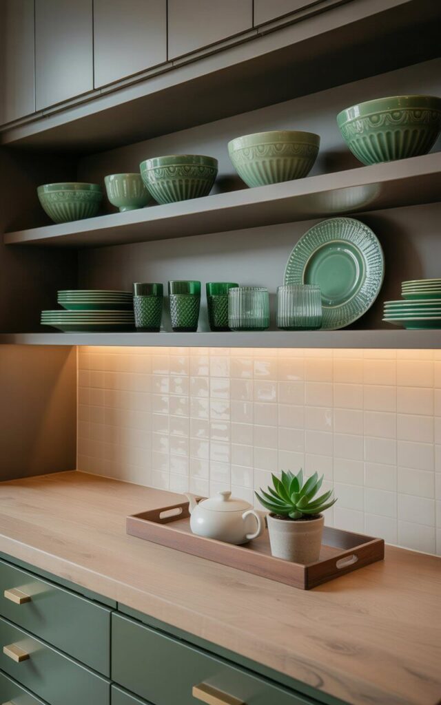 An arrangement of green dishware forms the central focus of the composition, displayed across open shelving. Jade bowls with subtle embossed patterns are interspersed with mint-colored plates featuring a raised geometric design, alongside emerald green mugs and textured glassware with a ribbed surface. A light-colored tile backsplash forms the backdrop, featuring a subtle linear pattern. Below the shelves, a light wood countertop holds a rectangular wooden tray containing a white ceramic teapot and a small potted succulent with green leaves.