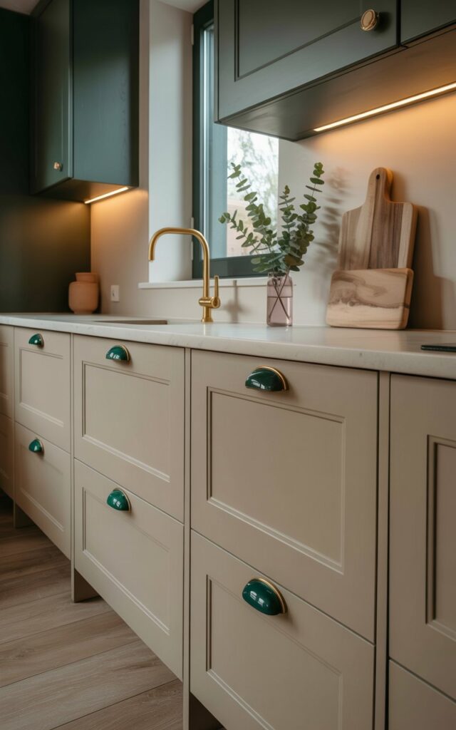 A kitchen features cream-colored cabinet fronts with recessed panel detailing and brushed brass hinges. Jade-toned ceramic drawer pulls and deep emerald enamel cabinet knobs are evenly spaced across the cabinetry, contrasting with the soft color of the cabinets. A marble cutting board rests on the light-colored countertop alongside a small vase holding several sprigs of eucalyptus, and a warm brass faucet with a curved spout extends from the backsplash. Natural light streams through a nearby window, illuminating the glossy finish of the hardware and highlighting the clean lines of the minimalist kitchen design.
